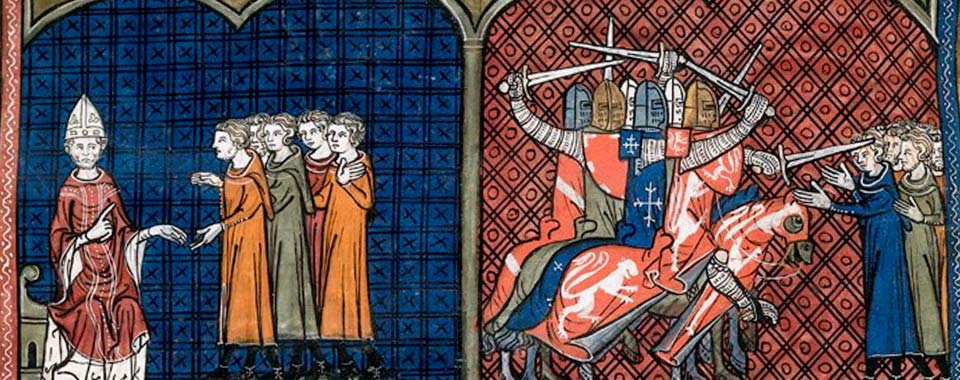 Pope Innocentius III excommunicating the Albigensians (left), Massacre against the Albigensians by the crusaders (right) (British Library, Royal 16 G VI f. 374v)