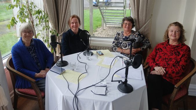 Deirdre Connery, member of Duncannon, Co. Wexford ICA guild, Prof Caitríona Beaumont, Mary D’Arcy, President of the Irish Countrywomen’s Association (ICA), and Breda Cahill, ICA Wexford Federation President recording episode 1 - Women’s Grassroots Activism: the ICA’s long history of activism - of the Women's Grassroots Activism Podcast Series at An Grianán.