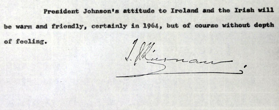 Confidential report of Irish Ambassador Thomas Joseph Kiernan of 4 Dec. 1963 courtesy of the National Archives of Ireland.